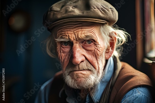Lonely elderly man at home outdoor. Adult old sad age. Generate Ai © juliars