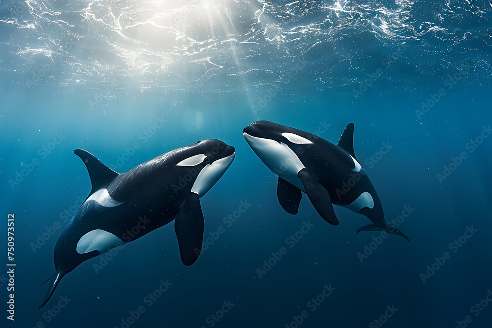 Fototapeta premium Two orca whales swimming together in the ocean