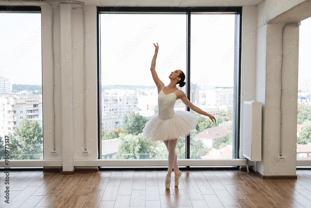 Beautiful graceful ballerina practice ballet positions in white tutu skirt near large window in white light hall. Young Caucasian classical ballet dancer woman in dance class. Beautiful graceful ballerina practice ballet positions in white tutu skirt near large window in white light hall. Young Caucasian classical ballet dancer woman in dance class.