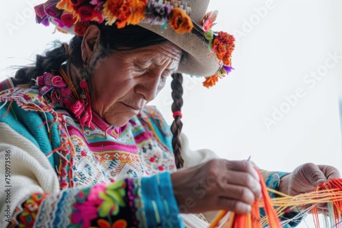 A woman is shown weaving yarn, suitable for crafting or hobby concept