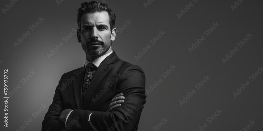 A man wearing a suit in a black and white photo. Suitable for business or formal concepts