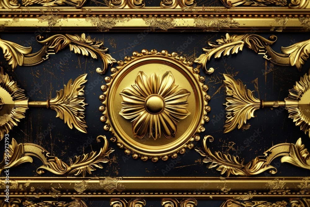 Elegant gold and black painted ceiling with decorative designs. Perfect for interior design projects