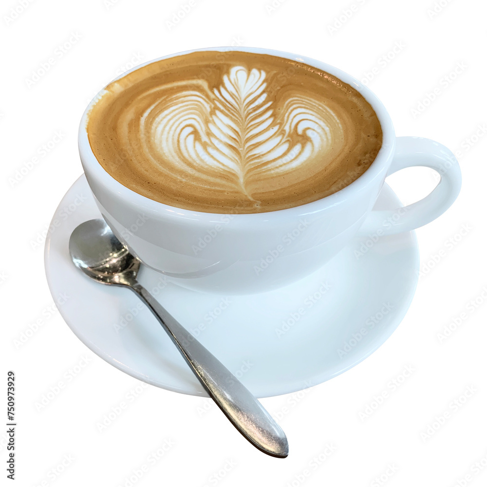 Hot coffee latte cup with beautiful milk foam latte art texture on saucer with silver spoon Hot coffee latte cup with beautiful milk foam latte art texture on saucer with silver spoon