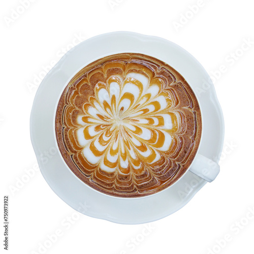 Top view of hot coffee caramel macchiato cappuccino cup
