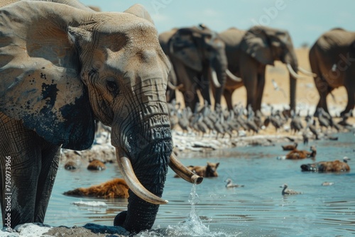 A herd of elephants walking across a body of water. Ideal for nature and wildlife themes photo