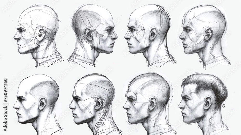 Collection of various sketches of a man's head. Ideal for art projects or educational materials Collection of various sketches of a man's head. Ideal for art projects or educational materials