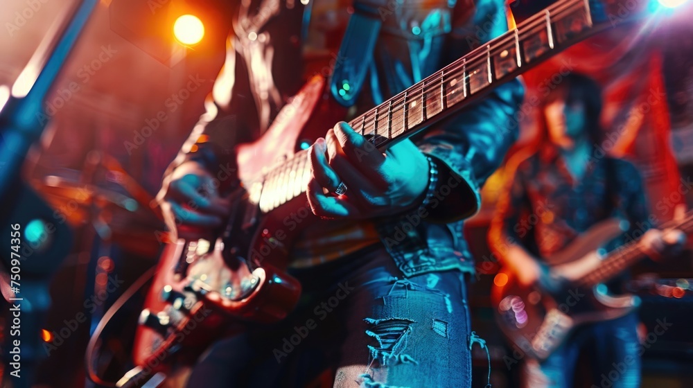 Naklejka premium A person playing a guitar on a stage. Suitable for music events promotions