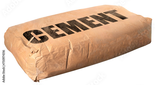 A paper bag with cement for building structures. Isolated background.