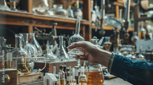 a person is holding a beaker in a laboratory