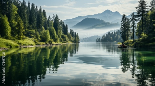a lake surrounded by mountains and trees photo