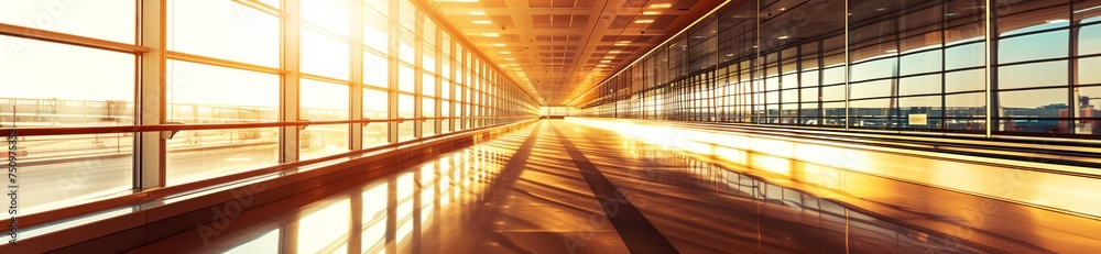 a hallway with a sun shining through the windows