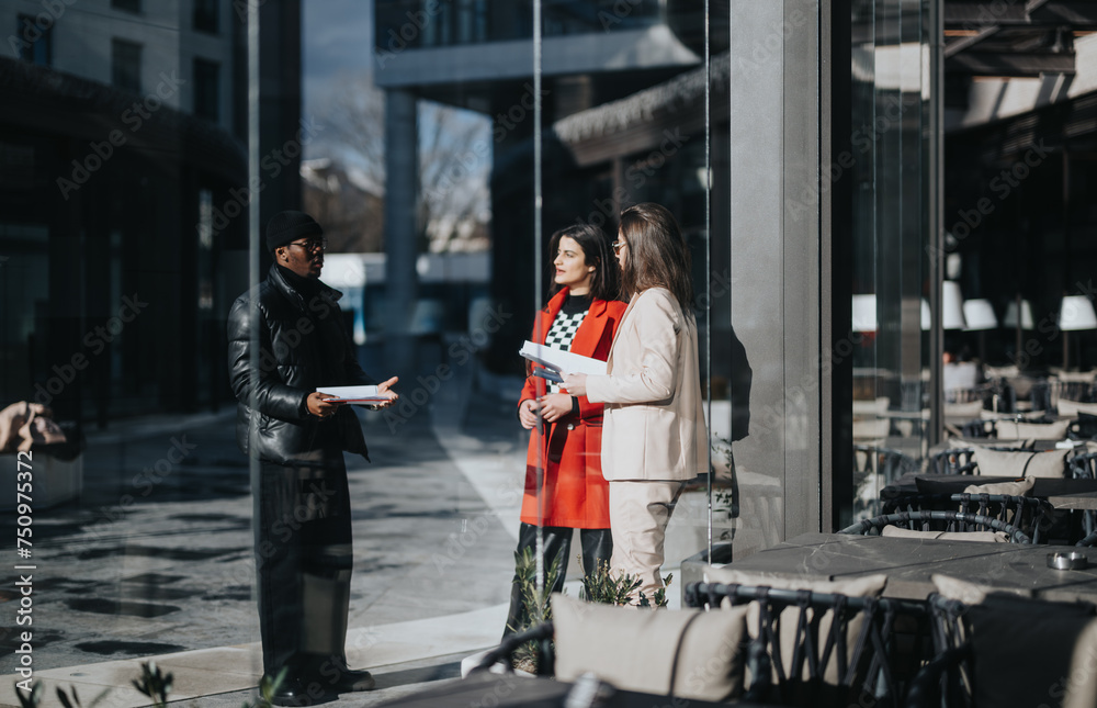 Three business partners stand in discussion outside a modern cafe, conveying a sense of collaboration, diversity, and urban corporate lifestyle. Three business partners stand in discussion outside a modern cafe, conveying a sense of collaboration, diversity, and urban corporate lifestyle.
