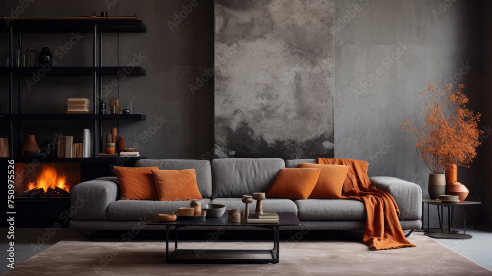 A sophisticated living room with textured walls in shades of grey and orange A sophisticated living room with textured walls in shades of grey and orange