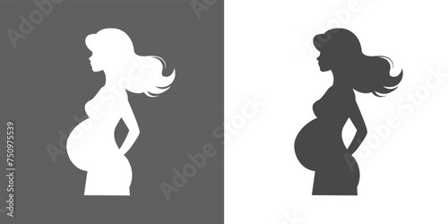 Isolated silhouette of a naked pregnant woman standing with her hand on her hip in profile. With long hair.