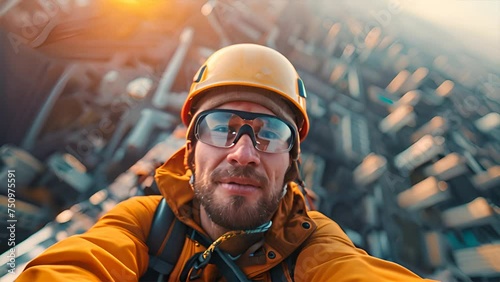 Daring worker in safety gear takes sunset selfie atop building, showcasing risky but essential maintenance work.generative ai photo