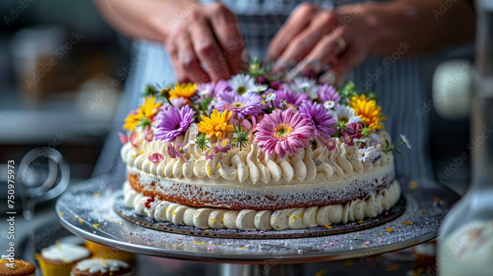 Person Decorating Cake With Flowers