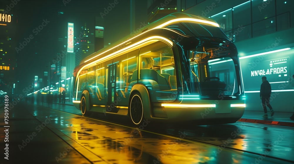 a yellow bus is driving down the street at night time