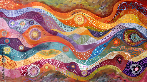 a colorful painting with waves and circles on it