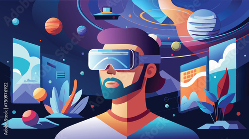 Man Experiencing Virtual Reality in a Cosmic Setting