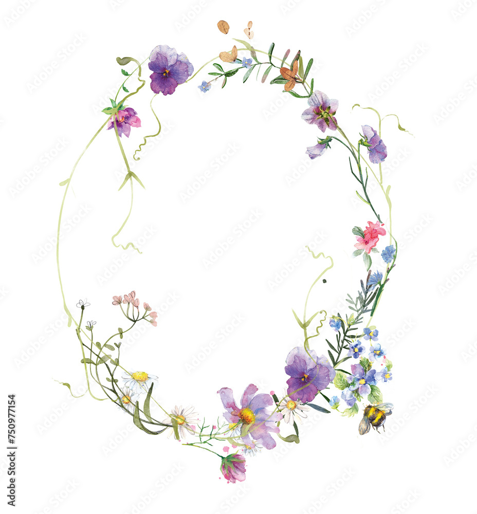 wreath and branches wild flowers series vector illustration PNG transparent background