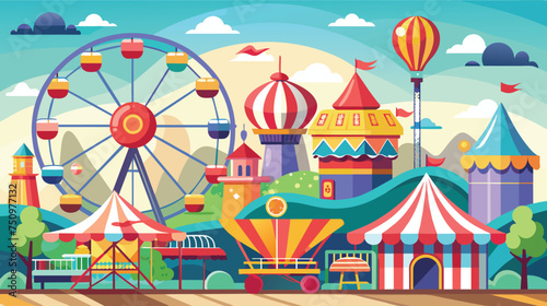 Colorful Carnival Scene With Ferris Wheel and Hot Air Balloons at Daytime