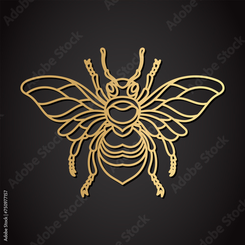 Line art honey bee isolated on black background. Vector illustration