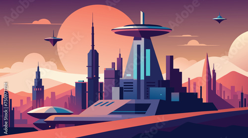 Futuristic Cityscape at Sunset With Flying Vehicles