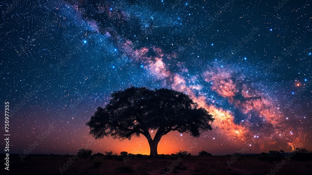 Tall Tree Under Starry Sky