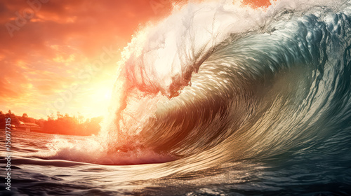 A breathtaking moment frozen in time as a massive ocean wave rises majestically, offering the perfect opportunity for exhilarating surfing adventures.