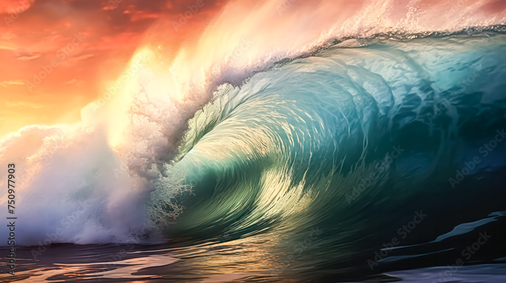 A breathtaking moment frozen in time as a massive ocean wave rises majestically, offering the perfect opportunity for exhilarating surfing adventures. - obrazy, fototapety, plakaty 