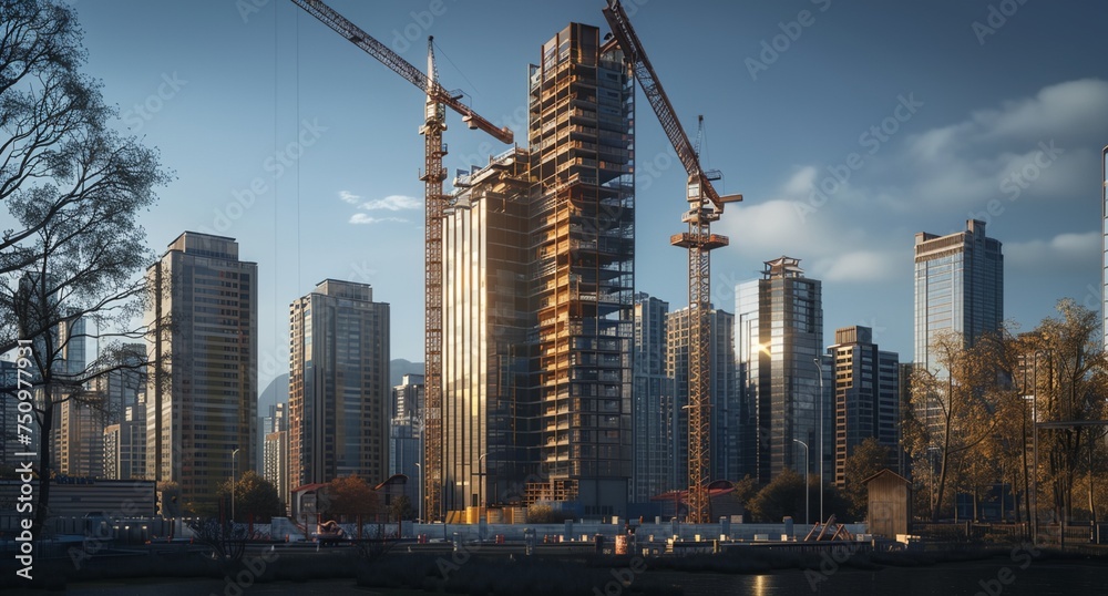 a large crane is standing in front of a city skyline with tall buildings under construction - obrazy, fototapety, plakaty 