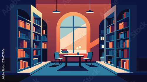 Modern Home Library With Large Window at Dusk