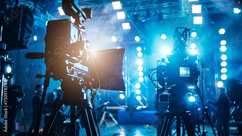 a camera set up in front of a stage with lights