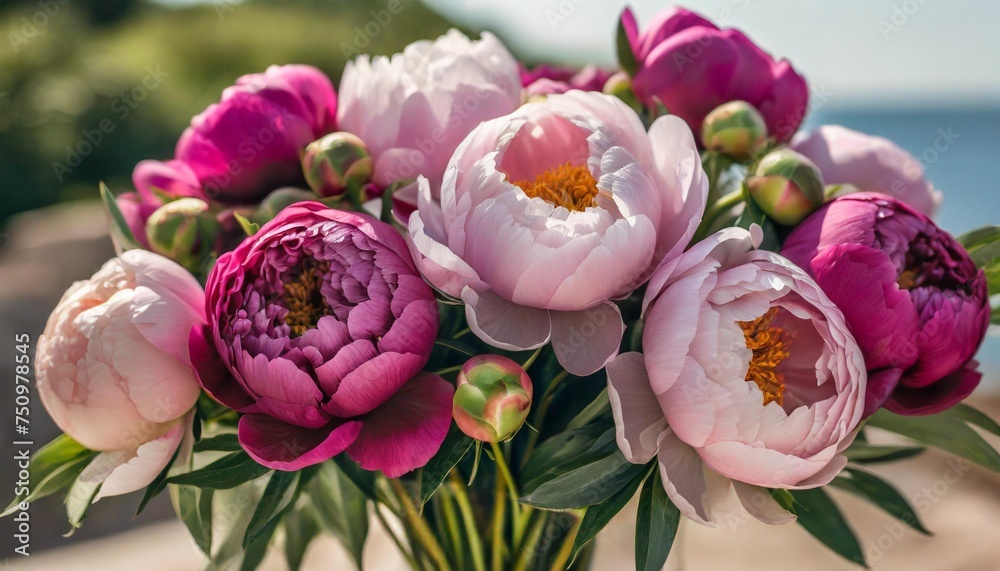 bouquet of pink and purple peonies arranged in a bunch with visible stems - obrazy, fototapety, plakaty 