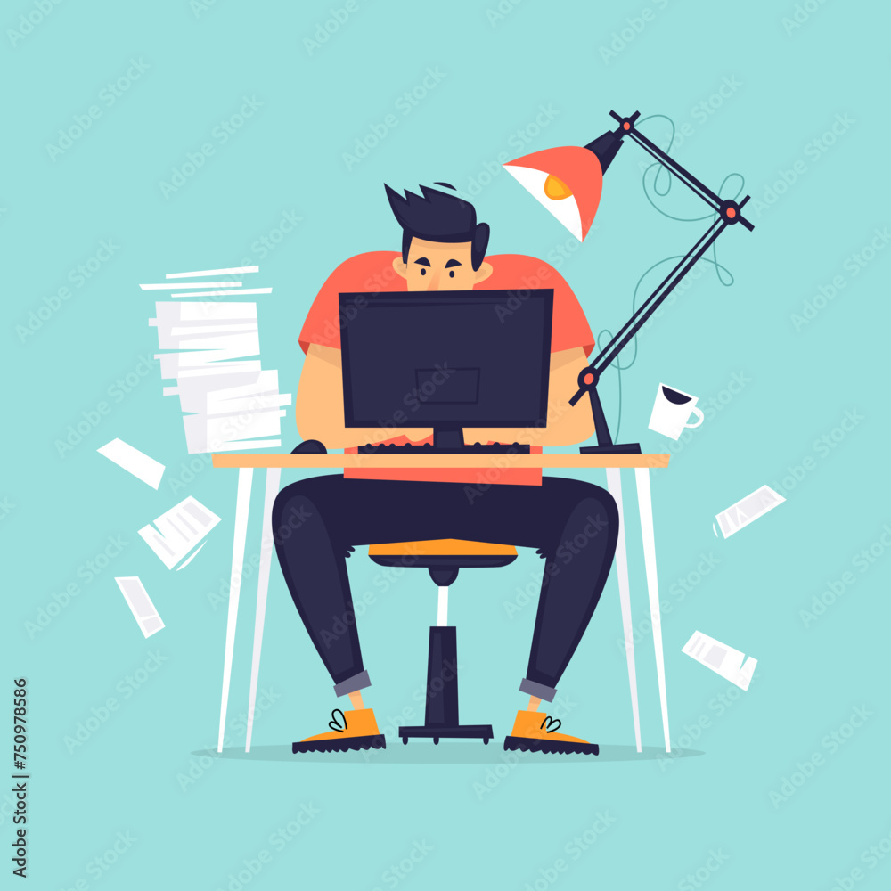 Lot of work. Man sitting at the computer. Flat design vector illustration.	