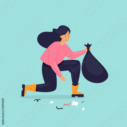 Woman removes trash. Clean planet. Flat illustration