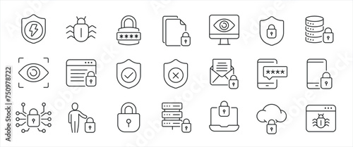 Security simple minimal thin line icons. Related secure, privacy, protection, defense. Editable stroke. Vector illustration. photo