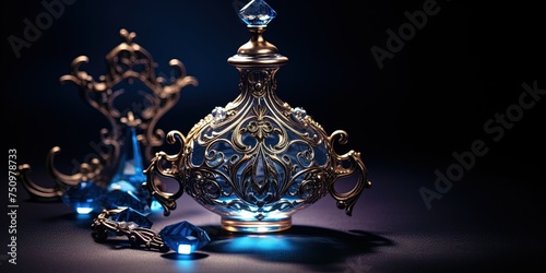 Ornate perfume bottle on a dark background with elegant blue backlighting creating a mysterious atmosphere