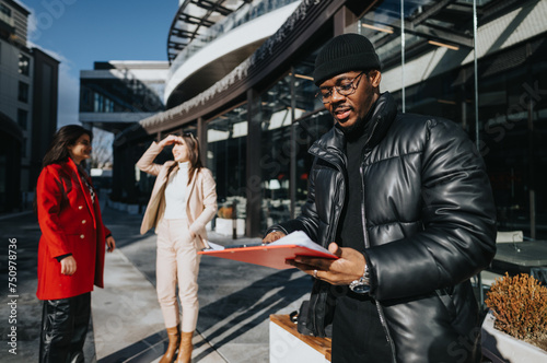 Three diverse colleagues engage in a casual business discussion outside a modern office building, with one holding a clipboard. © qunica.com