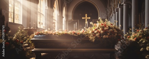 Coffin in a church at funeral with perfect light and flowers, banner. Generative Ai.