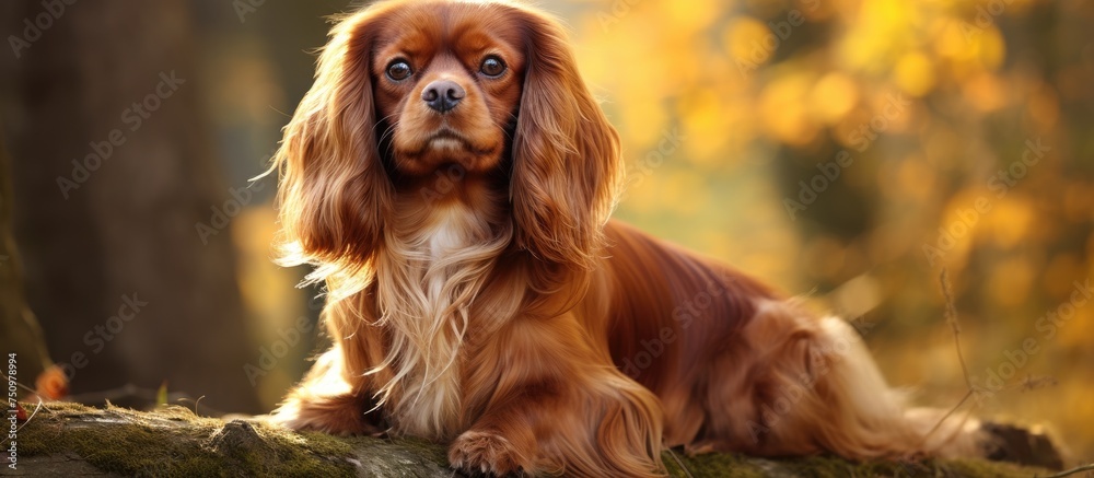 Naklejka premium A Blenheim English Toy Spaniel, a happy sweet home pet, is perched on a tree branch, looking alert and curious. The dogs brown and white fur stands out against the green leaves of the tree.