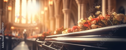 Coffin in a church at funeral with perfect light and flowers  banner. Generative Ai.