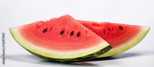 A single slice of ripe watermelon is displayed on a plain white background. The vibrant pink flesh contrasts with the white surface, highlighting the refreshing and juicy nature of the fruit.