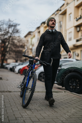 Fashionable young adult with a beanie and headphones strolls with his bike on a city street, exuding a relaxed urban vibe.