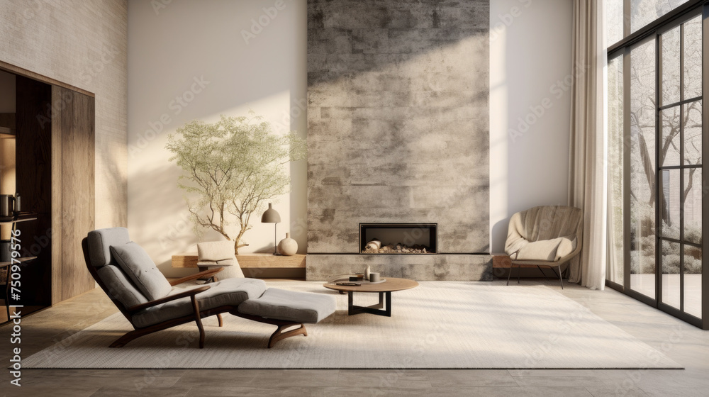 Fototapeta premium A spacious living room with a textured wall finish, a large rug, and a cozy lounge chair