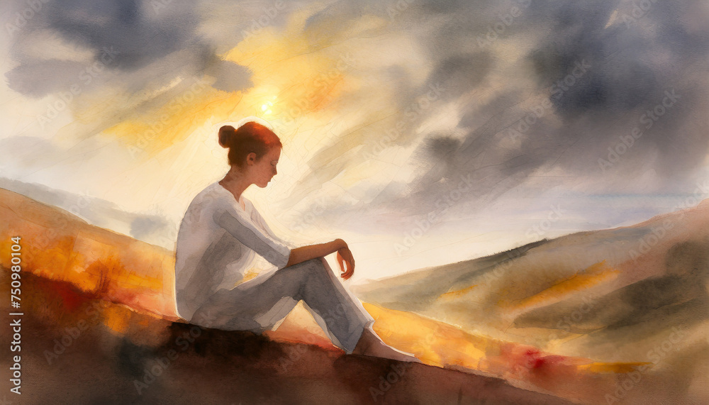 Woman Sitting Sunset