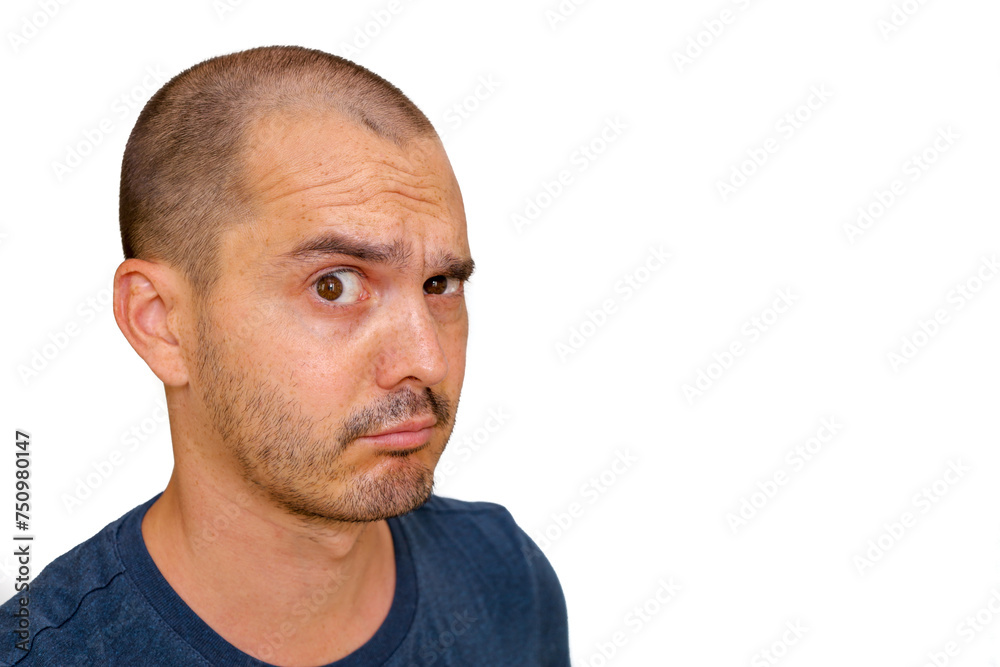 expressive bald man making funny face , suspicious expressive bald man making funny face , suspicious