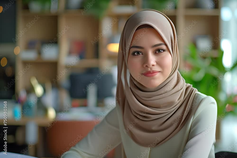 A confident woman in a beige hijab smiles warmly, sitting in a well-lit office space, embodying modern professionalism. A confident woman in a beige hijab smiles warmly, sitting in a well-lit office space, embodying modern professionalism.