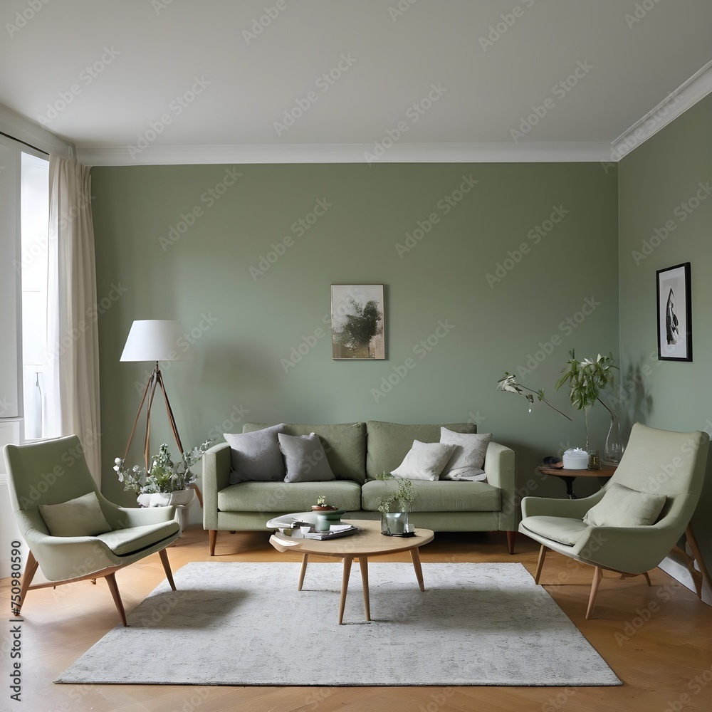 Fototapeta premium This lovely modern living room has a monochromatic sage-green wall with contemporary wall color and furnishings like a table, chair, and houseplants.
