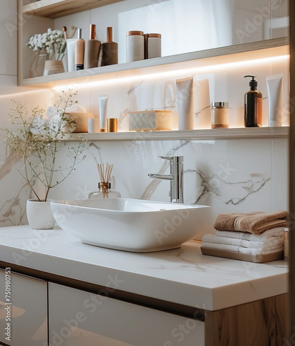 Modern bathroom with sink, white marble tones